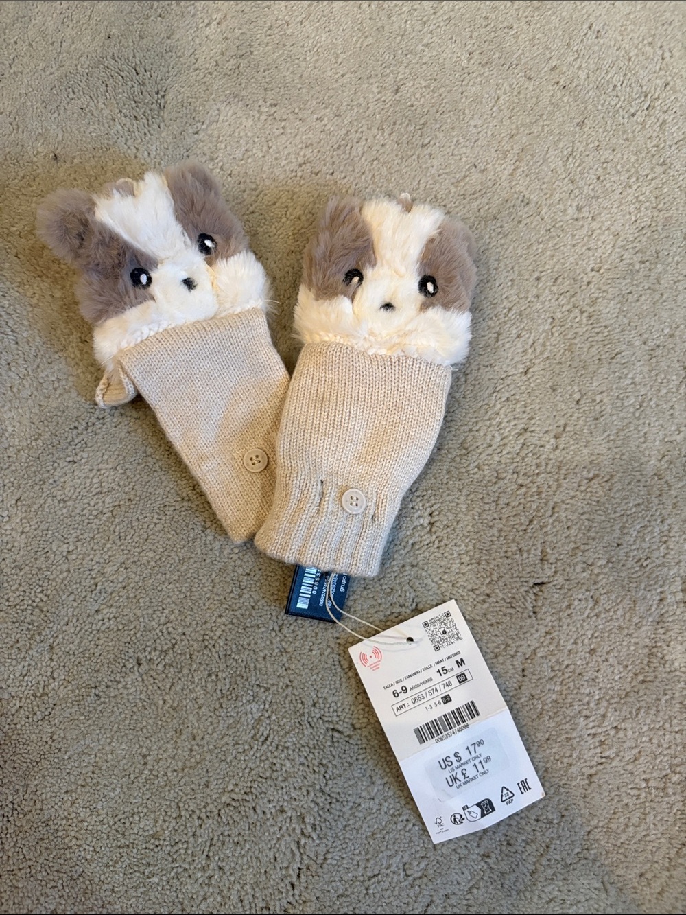 Zara Cream and Light Brown Plush Puppy Kids Mittens